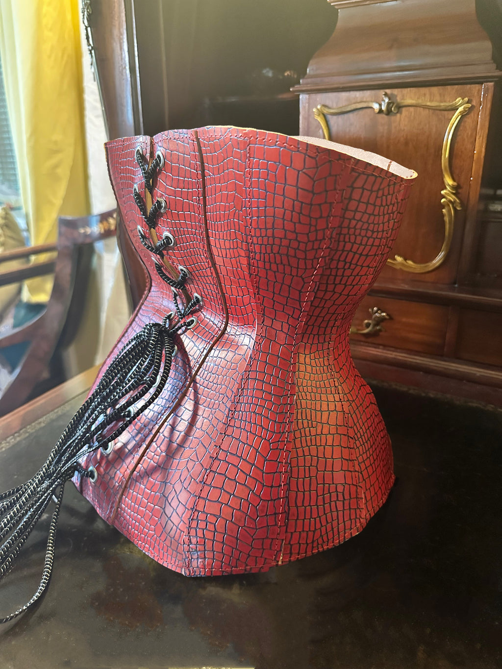 SAMPLE 22" Red Dragon Leather Corset